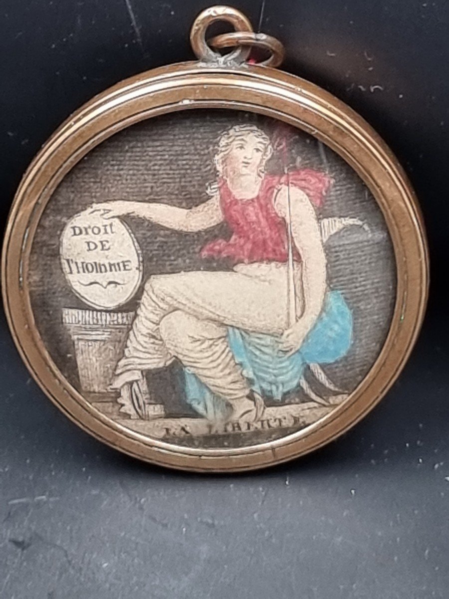Rare Médaillon Révolutionnaire Avec Une Gravure De La République Et Mèche De Cheveux Tressés