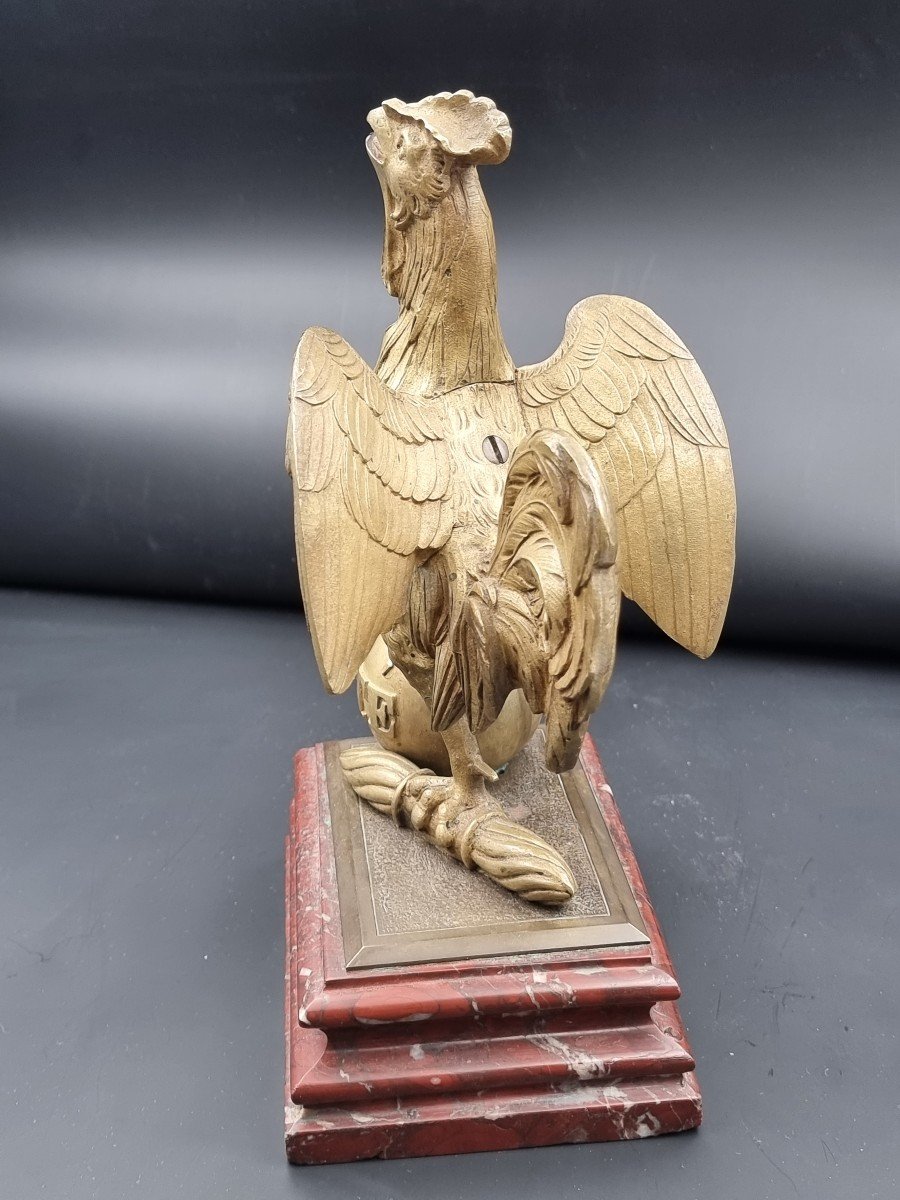 Coq En Bronze Doré époque XIX E Siècle Socle En Marbre Rouge Griotte Emblème De La France