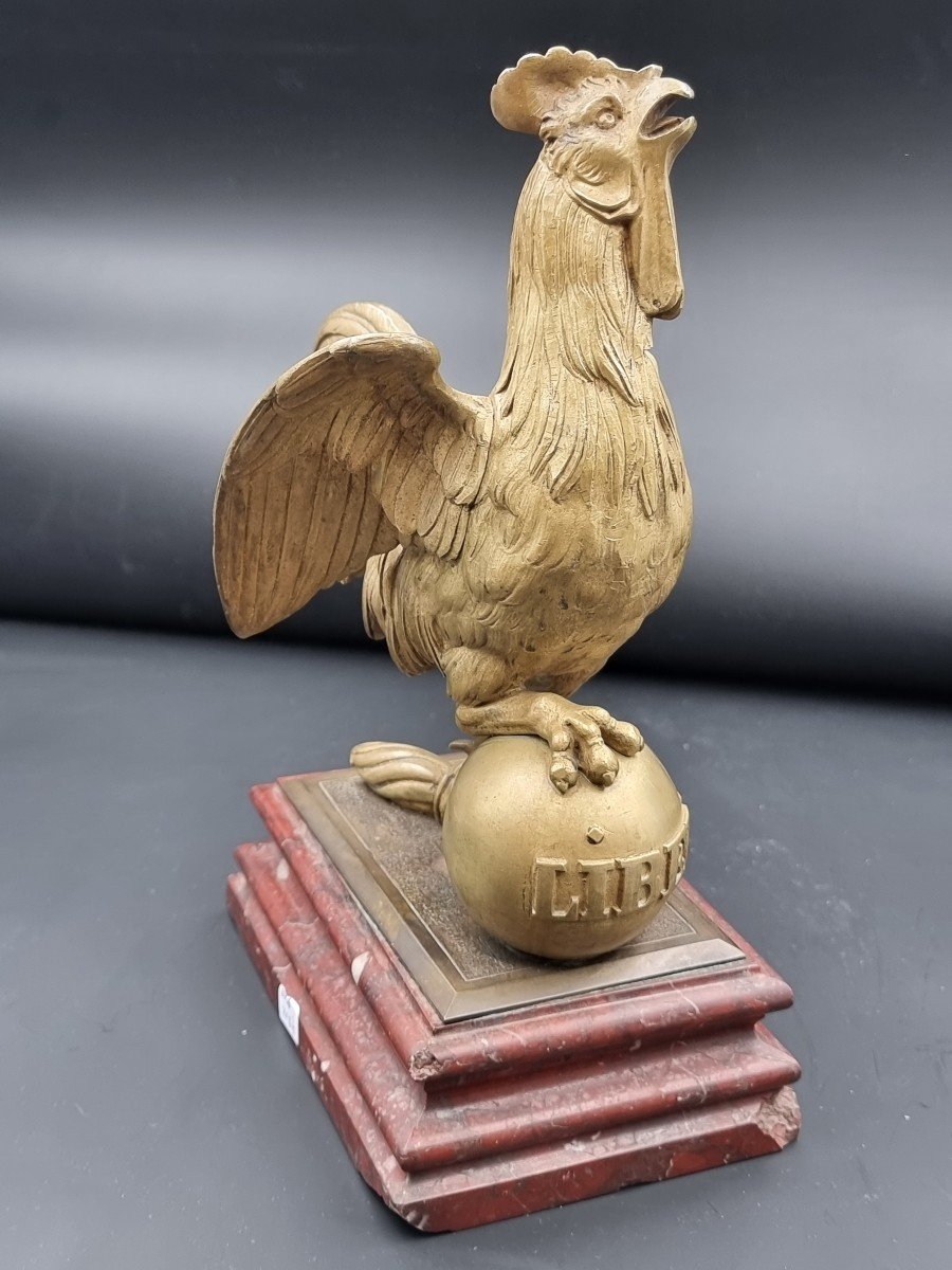 Coq En Bronze Doré époque XIX E Siècle Socle En Marbre Rouge Griotte Emblème De La France