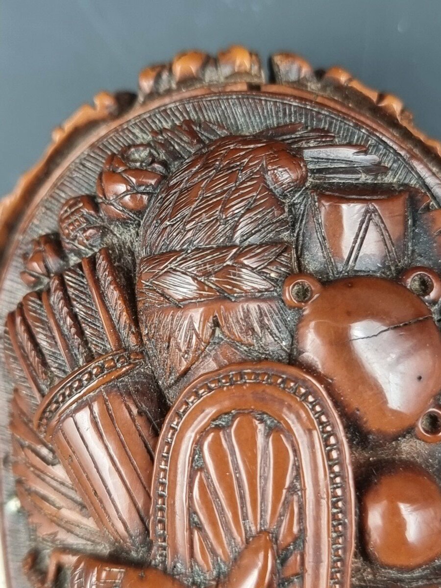 Boite Tabatière En Corozo Militaire Empire Trophée d'Arme Casque Canon Bombes Hache Napoléon