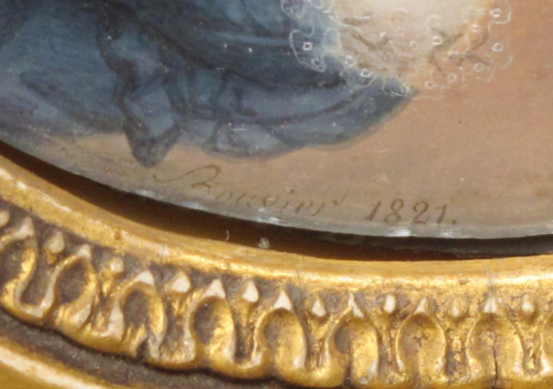 Belle miniature représentant une jeune fille au collier de corail. Signée Bouvier datée 1821