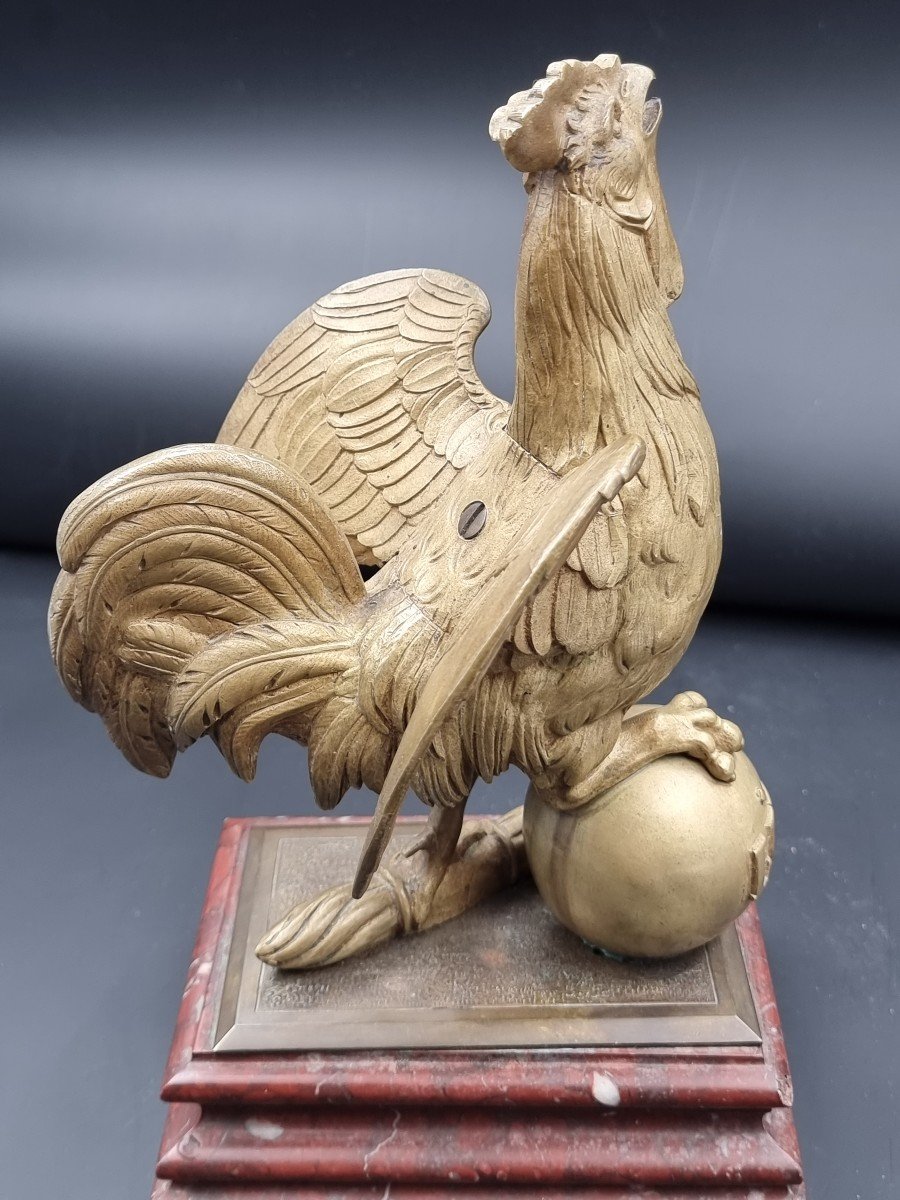 Coq En Bronze Doré époque XIX E Siècle Socle En Marbre Rouge Griotte Emblème De La France