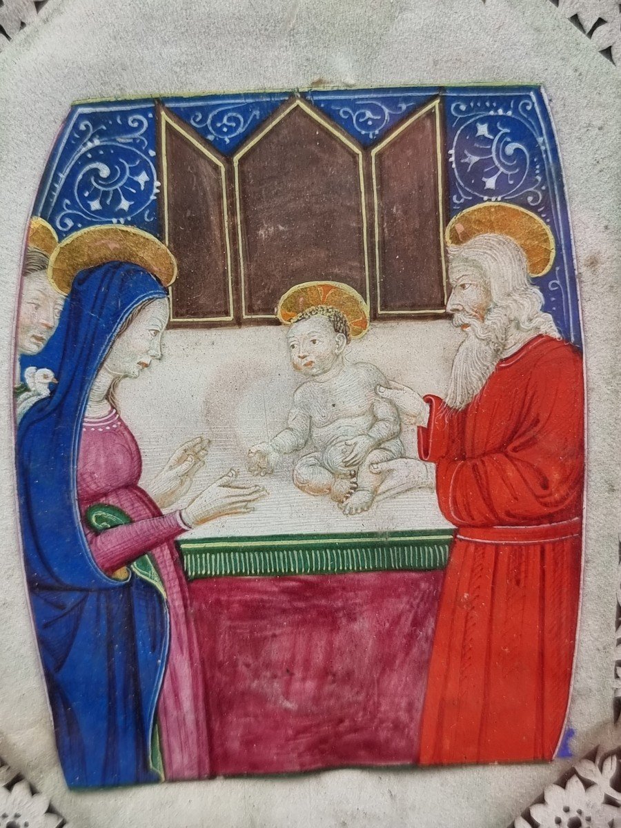 Canivet en vélin époque XVII E Siècle Et Enluminure Du XVe Dans Un Cadre En Bois Doré