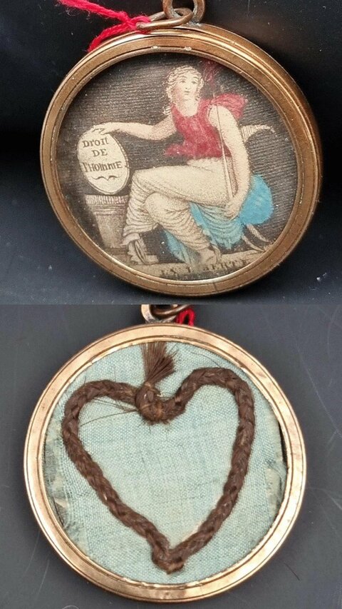 Rare Médaillon Révolutionnaire Avec Une Gravure De La République Et Mèche De Cheveux Tressés