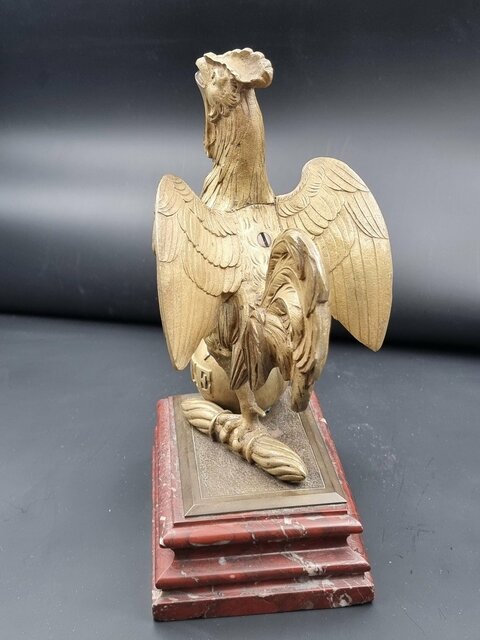 Coq En Bronze Doré époque XIX E Siècle Socle En Marbre Rouge Griotte Emblème De La France