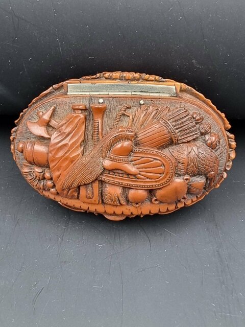 Boite Tabatière En Corozo Militaire Empire Trophée d'Arme Casque Canon Bombes Hache Napoléon