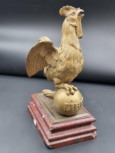 Coq En Bronze Doré époque XIX E Siècle Socle En Marbre Rouge Griotte Emblème De La France