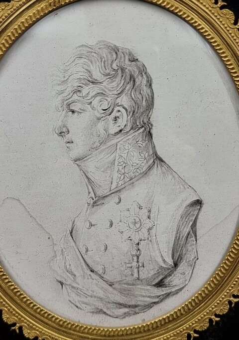 Dessin représentant Alexandre Ier Empereur De Russie Cadre Bois en Durci étiquette Au Dos