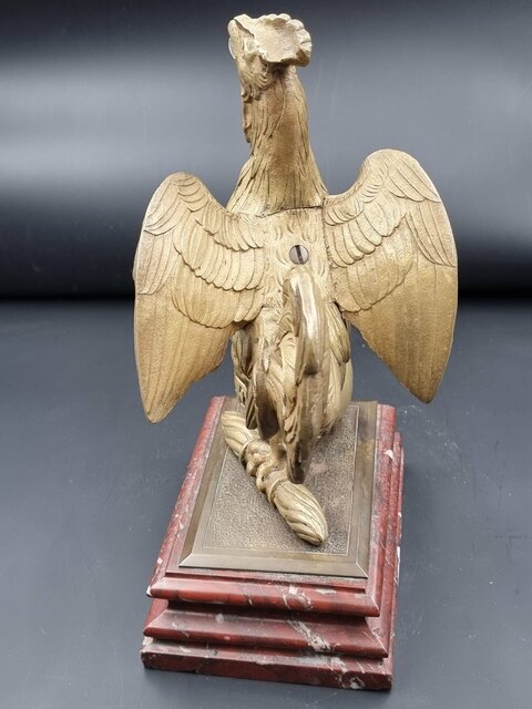 Coq En Bronze Doré époque XIX E Siècle Socle En Marbre Rouge Griotte Emblème De La France