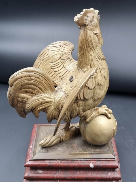 Coq En Bronze Doré époque XIX E Siècle Socle En Marbre Rouge Griotte Emblème De La France