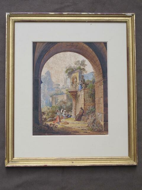 Aquarelle Romantique Personnages Dans Des Ruines Abele 1844