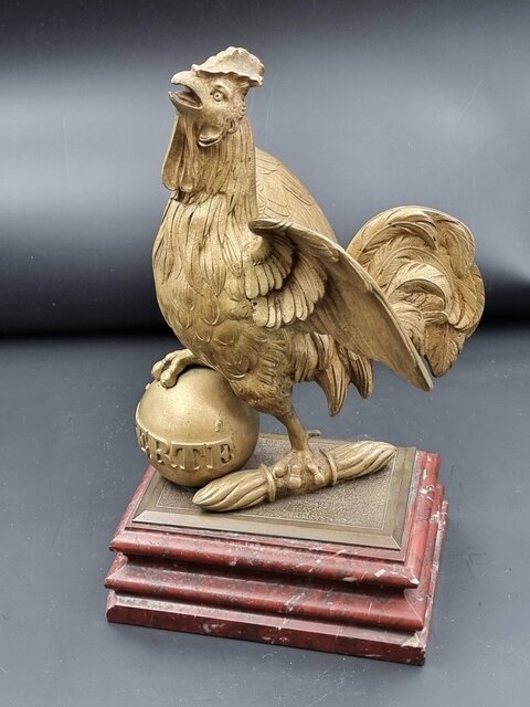 Coq En Bronze Doré époque XIX E Siècle Socle En Marbre Rouge Griotte Emblème De La France