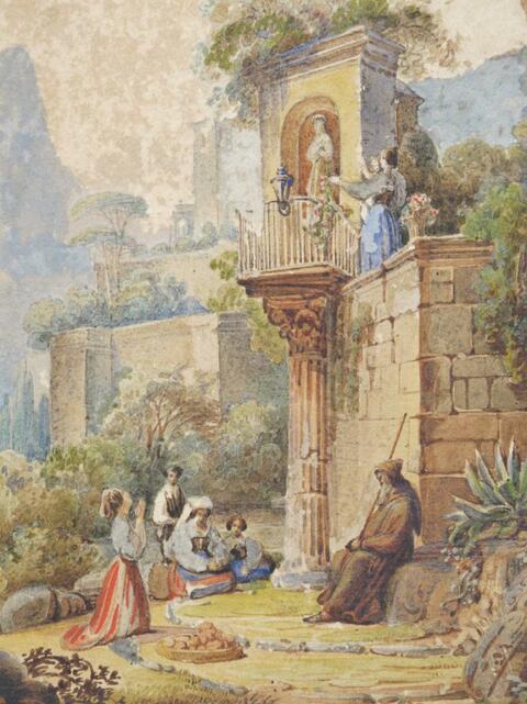 Aquarelle Romantique Personnages Dans Des Ruines Abele 1844